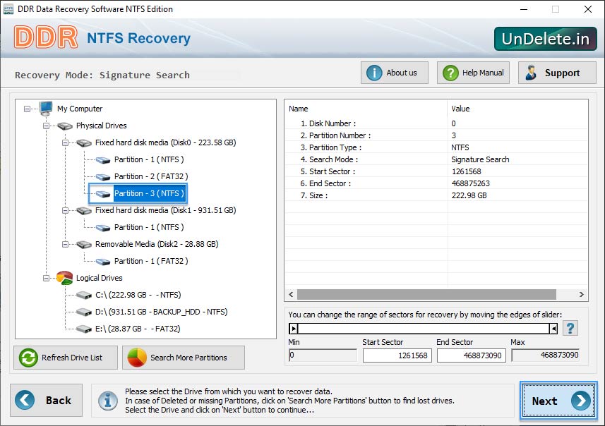 Select the disk or partition